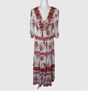 Me 2 Magic Red White Embroidered Sequin Tassel Maxi Dress Large Boho Chic